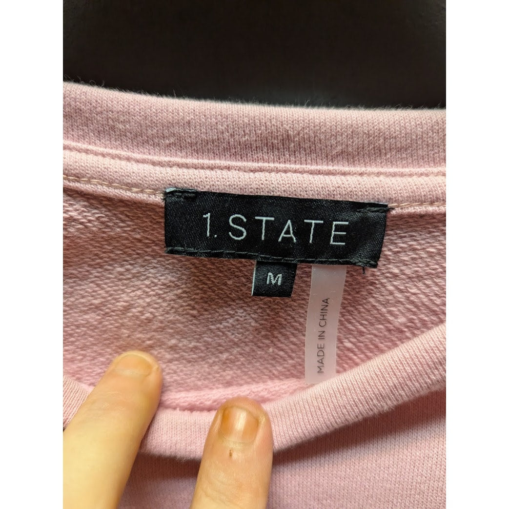 NWT 1. State Sweatshirt Womens MEDIUM Ruffled Crew-neck Rose Pink rib Hem $69