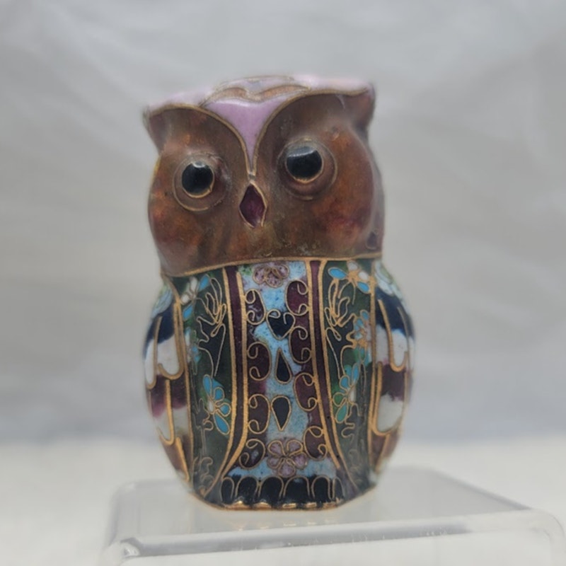 Vintage 1970s Cloisonné Enameled Owl Figurine Jeweled Rhinestone Bird