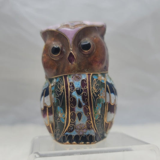 Vintage 1970s Cloisonné Enameled Owl Figurine Jeweled Rhinestone Bird