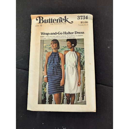Vintage Pattern Sewing Crafts Hobby Butterick Size 12 Halter Dress 3734