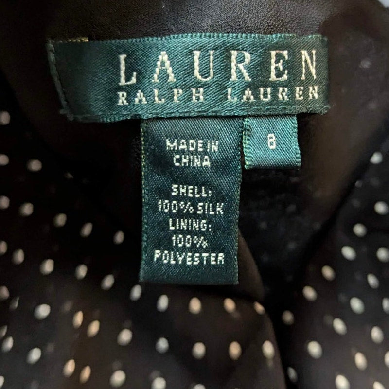 Lauren Ralph Lauren Black Polka Dot 100% Silk Ruffle V-Neck Camisole Blouse 8