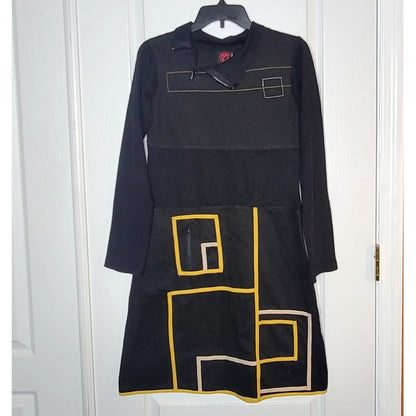 Vintage PYGMEES Small Turbowear Dress long sleeve Y2K dress Black yellow