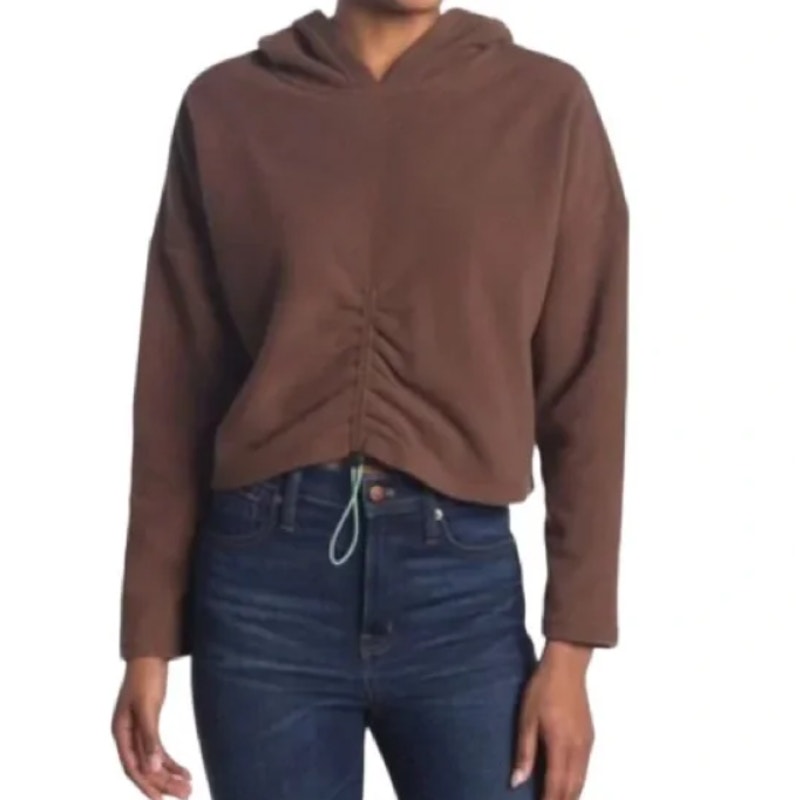 ELODIE Cinched Front Fleece Crop Hoodie In Brown Size Small