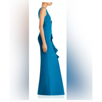 Eliza J Size 10 Laguna Teal Stretch Crepe Ruffle Slit Formal Gown Wedding event