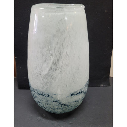 Handblown Artisan Blue Ocean bubbles white swirl textured 12" Vase Art Glass