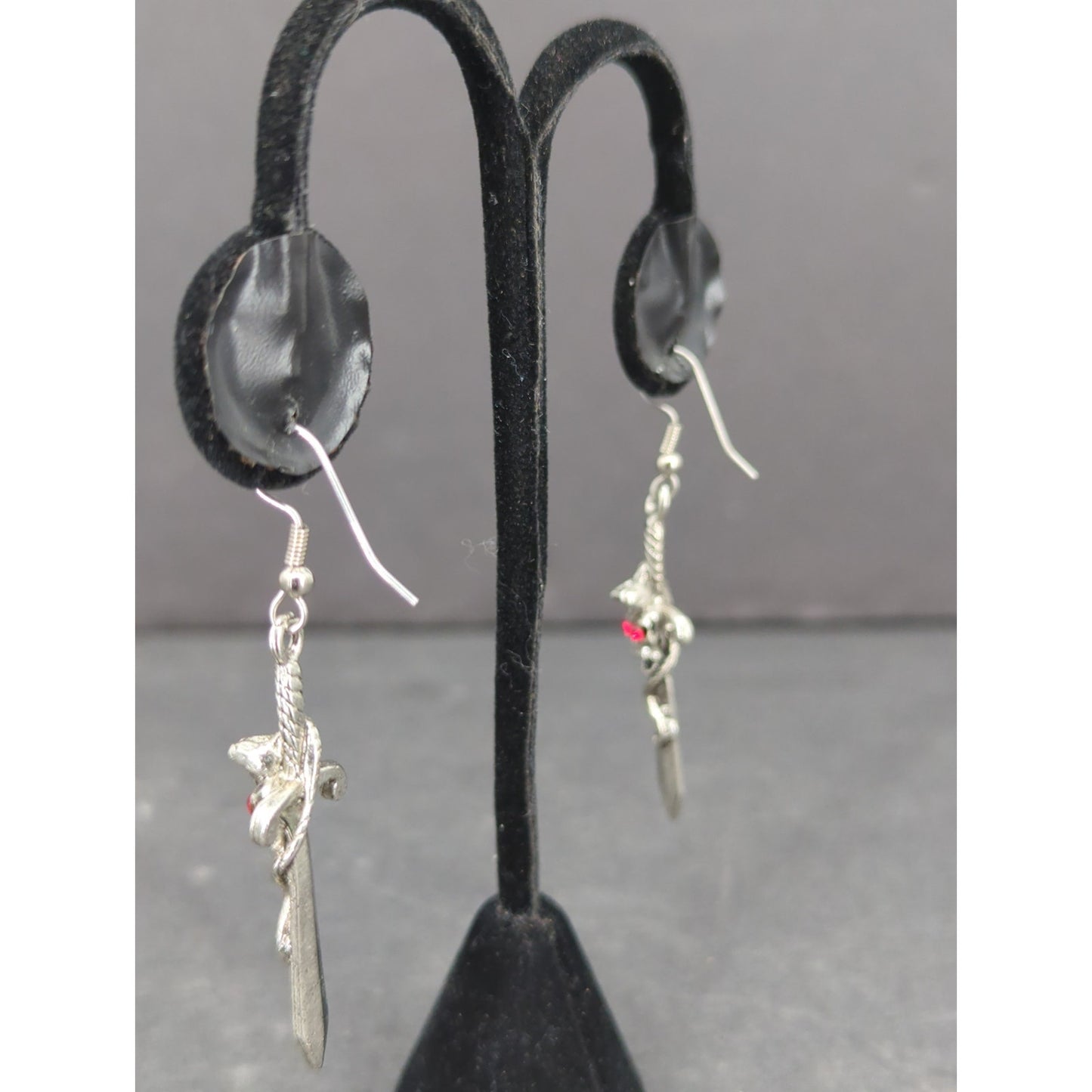 Vintage Sword Dangle Earrings Silver Tone Gemstone Gothic Pierced RenFaire Angel