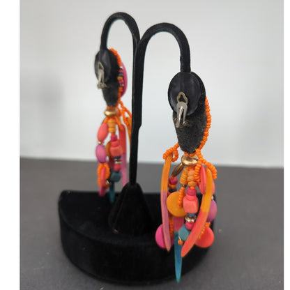 Whimsigoth Neon Orange Wood Beaded Multi-Strand ClipOn Earrings 80s Neon Grunge