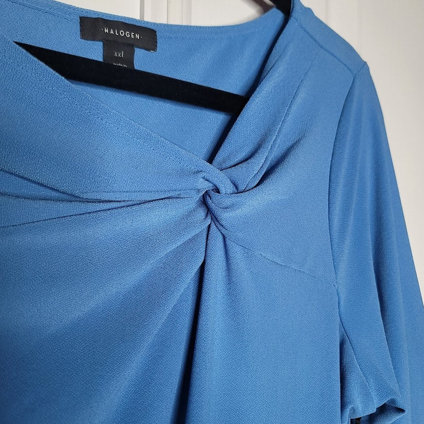 Halogen Vintage Chic Blue Long Sleeve Asymmetrical Ruched Neck Top Size XXL NWT