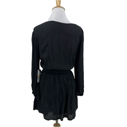 Amuse Society Faux Wrap Lined Dress Coverup Small Black Swiss Dot Long Sleeve