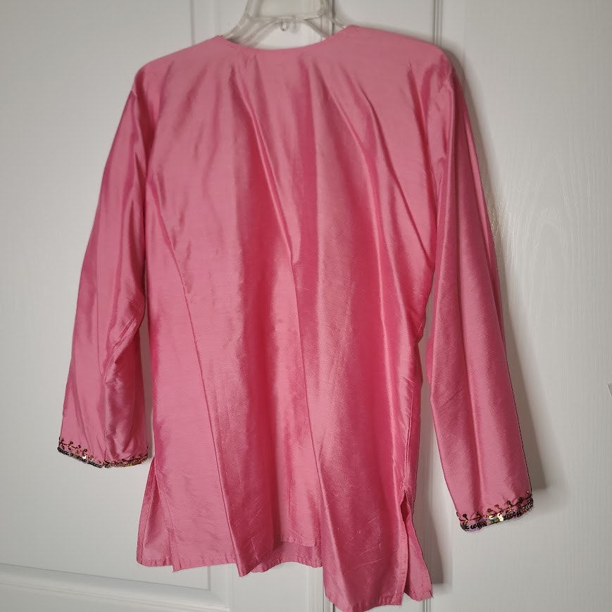 Fabindia Pink Embroidered Long Sleeve Tunic Top Beaded Embellishments size Large
