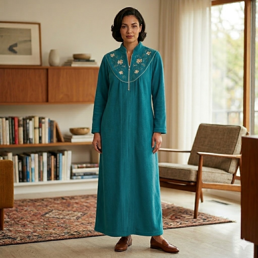 Vintage Vanity Fair Teal Fleece Lounge Robe Embroidered Floral Long Sleeve Small