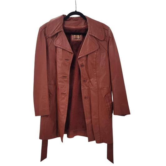 Vintage Genuine Leather 1970 Cinnamon Orange Jacket Coat Size 12 Belt wide Lapel