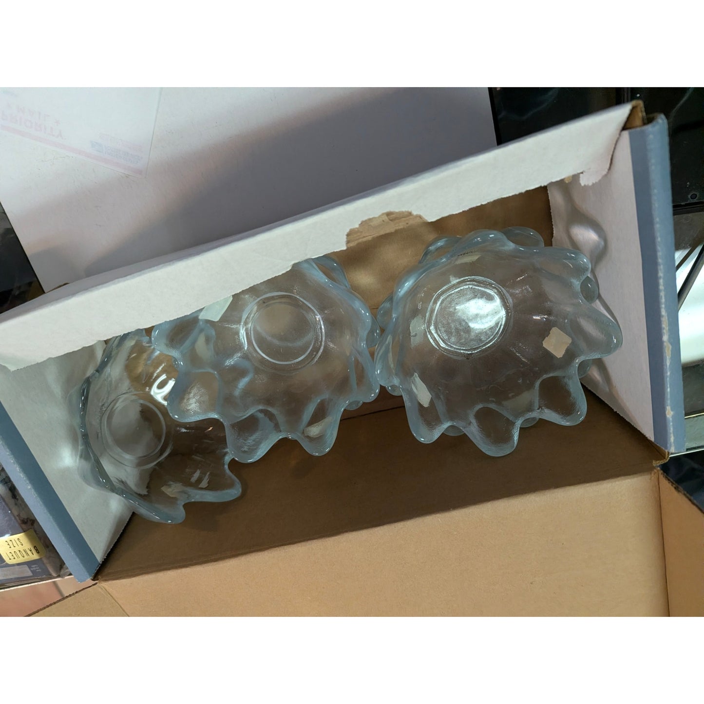 Blenko Art Glass Lotus Bowl 6143S Blue w/ Original Milton W. Va. Tag MCM