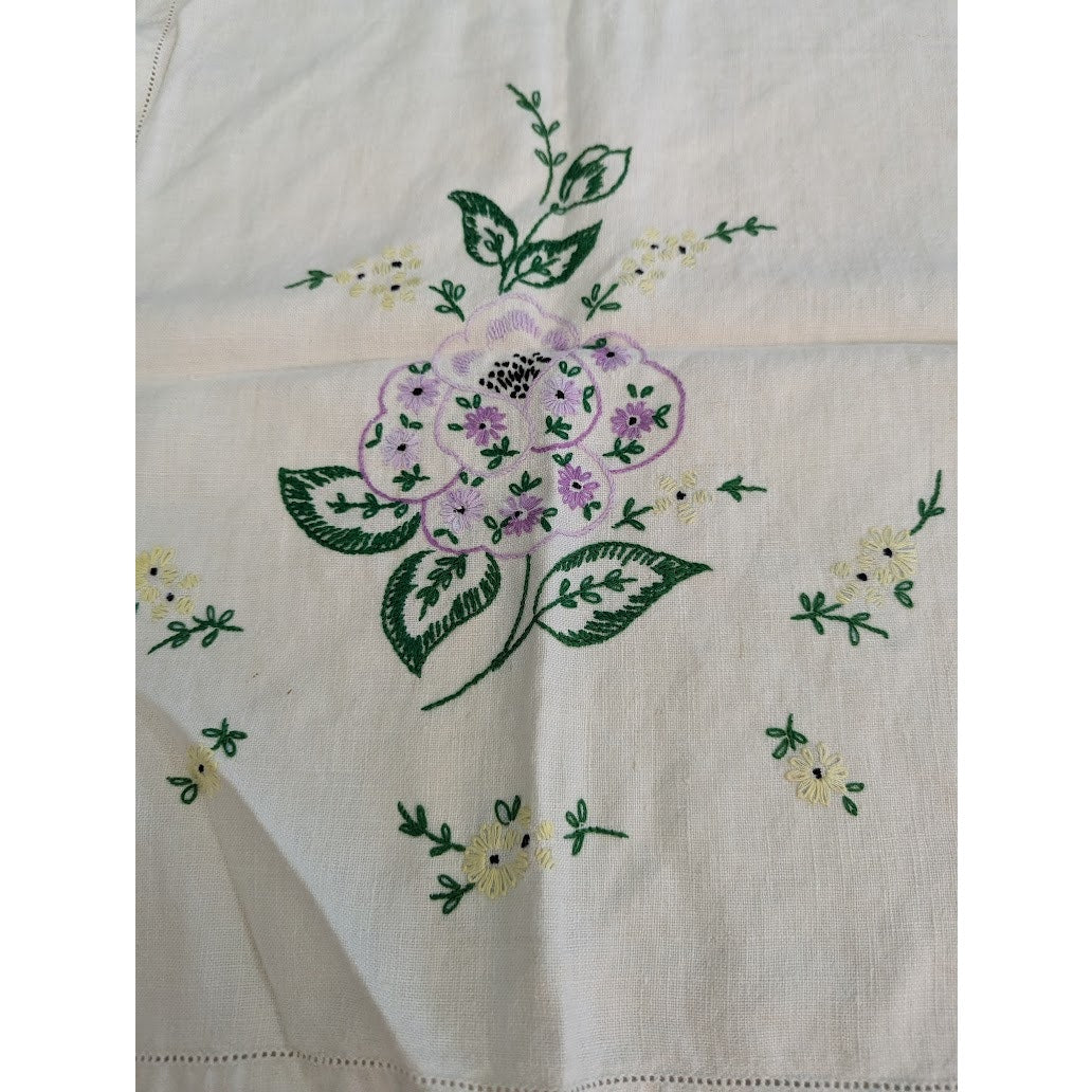 Vintage Hand embroidered flowers white blue purple table runner linen textiles
