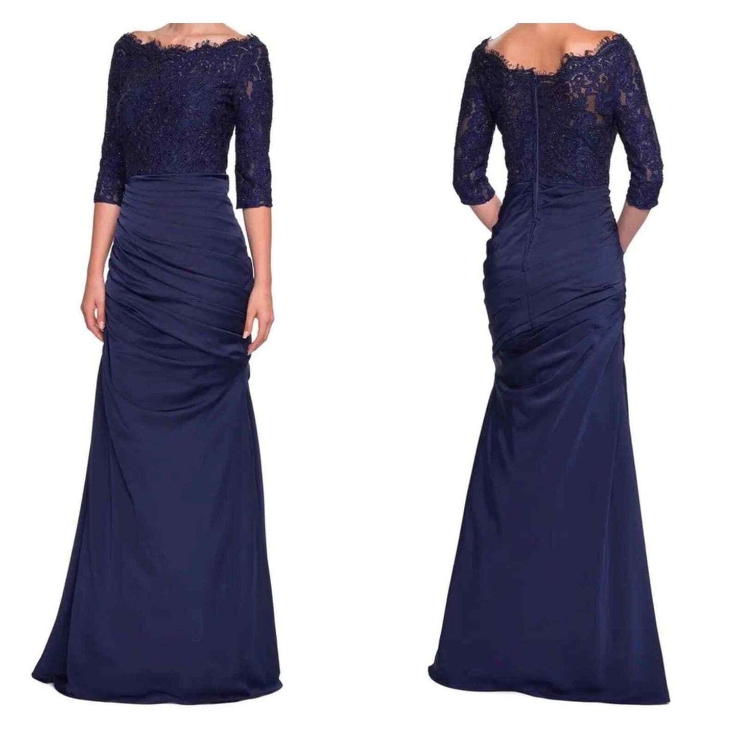 La Femme Sparkle Lace Ruched Wedding Formal Trumpet Gown Size 14 Navy Blue NWT