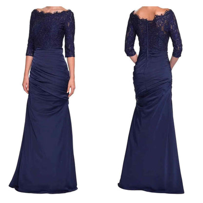 La Femme Sparkle Lace Ruched Wedding Formal Trumpet Gown Size 14 Navy Blue NWT