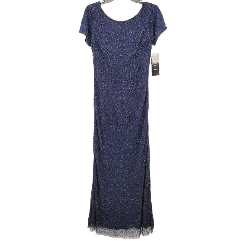 Pisarro Nights Long Line Art Deco Beaded Mesh Formal Gown Sz 18 in Navy NWT