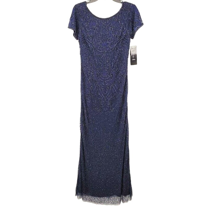 Pisarro Nights Long Line Art Deco Beaded Mesh Formal Gown Sz 18 in Navy NWT