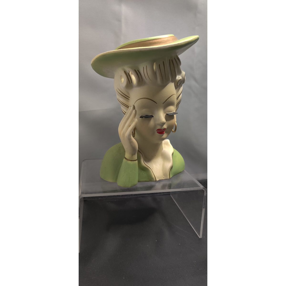 Vintage Green Hat Hand to Head Headache Lady Head Vase Planter Kitsch MidCentury