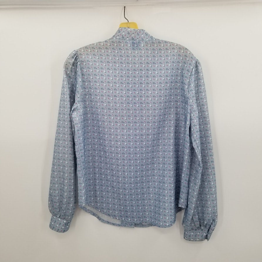 Jones Vintage Blouse Shirt Top Polyester Medium/Large Tie Neck Long Sleeved Blue