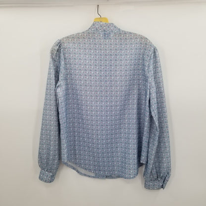 Jones Vintage Blouse Shirt Top Polyester Medium/Large Tie Neck Long Sleeved Blue