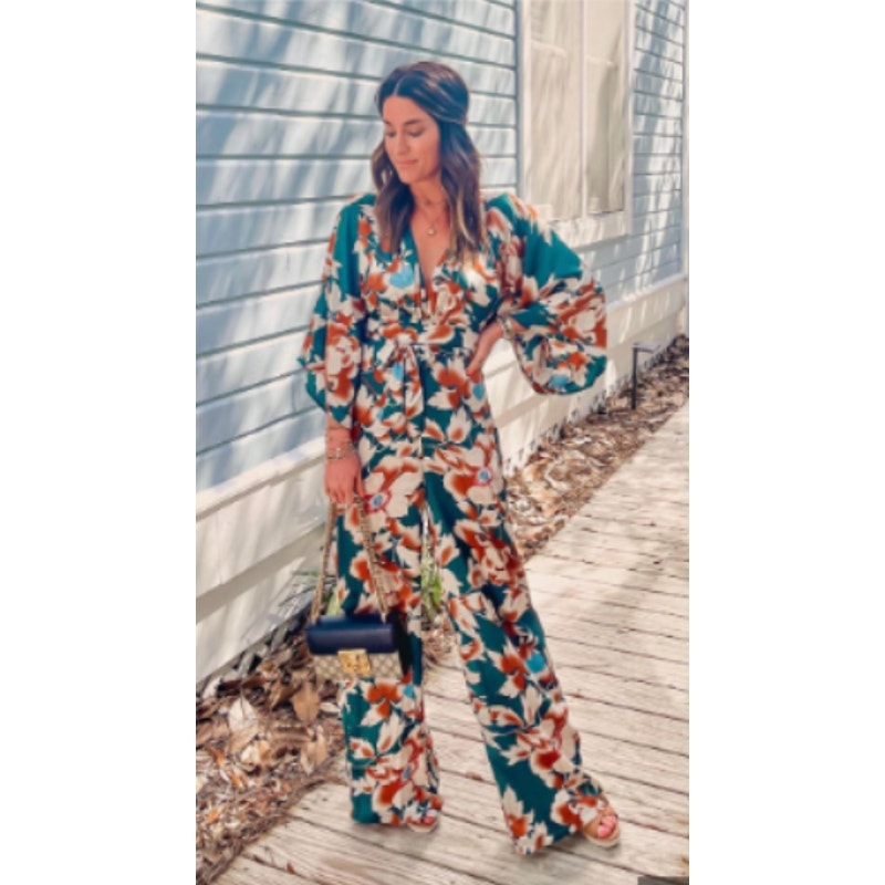 From Sunrise Teal Floral Print Wide-Leg Jumpsuit Lulus New Medium 3/4 Sleeve