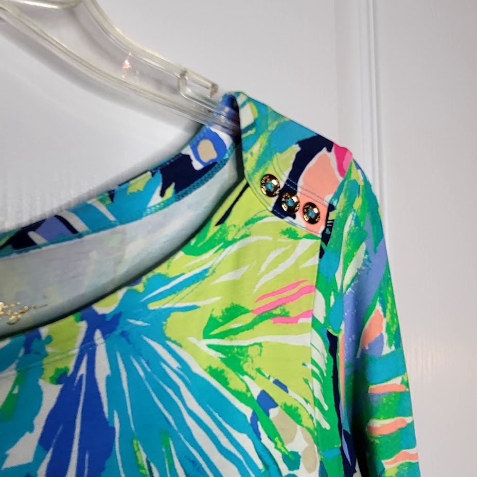 Lilly Pulitzer Sophie Shift Dress PURRFECT 3/4 Sleeve Gold Button Detail Small
