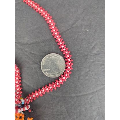 Vintage Folk Art Beaded Doll Pendant Necklace Red & White Mexican Otomi Style