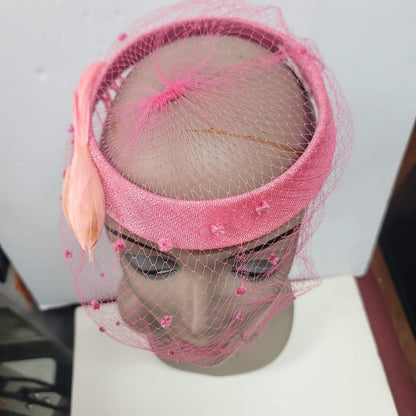 VINTAGE Pink Hat Net Veil Bird feather 7" union label Fascinator Wedding Races