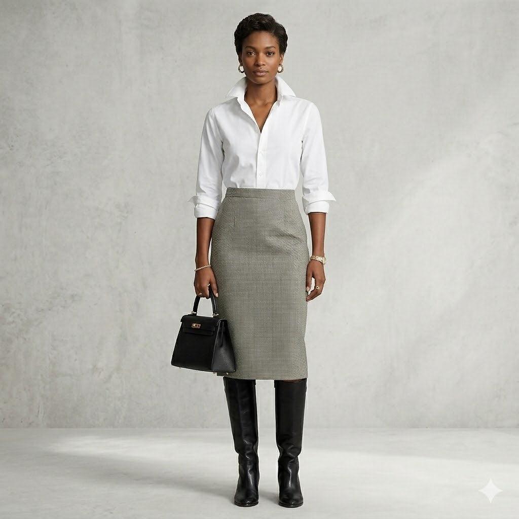 Parisian Signature Houndstooth 100% Wool Pencil Skirt Size 6 vintage Luxury