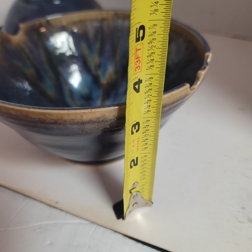 Pair 2 Notched Bowls 7" x 3.5" Blue Brown earthtone Jake Julie Bond Art Pottery