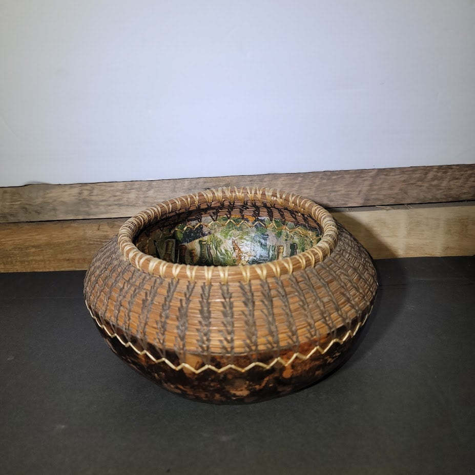 Artisan Handmade Gourd & Coiled Pine Needle Basket Bowl 6" Wide Rustic Southern