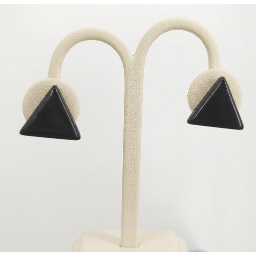 Vintage 1980s Black Geometric Triangle Stud Earrings Beveled Edge Avant-Garde