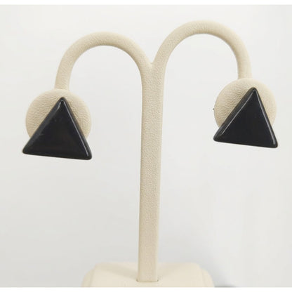 Vintage 1980s Black Geometric Triangle Stud Earrings Beveled Edge Avant-Garde