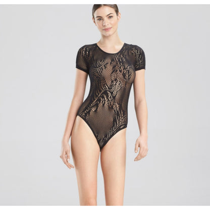 Natori Feathers Short Sleeve Bodysuit New Black Mesh Signature Pattern