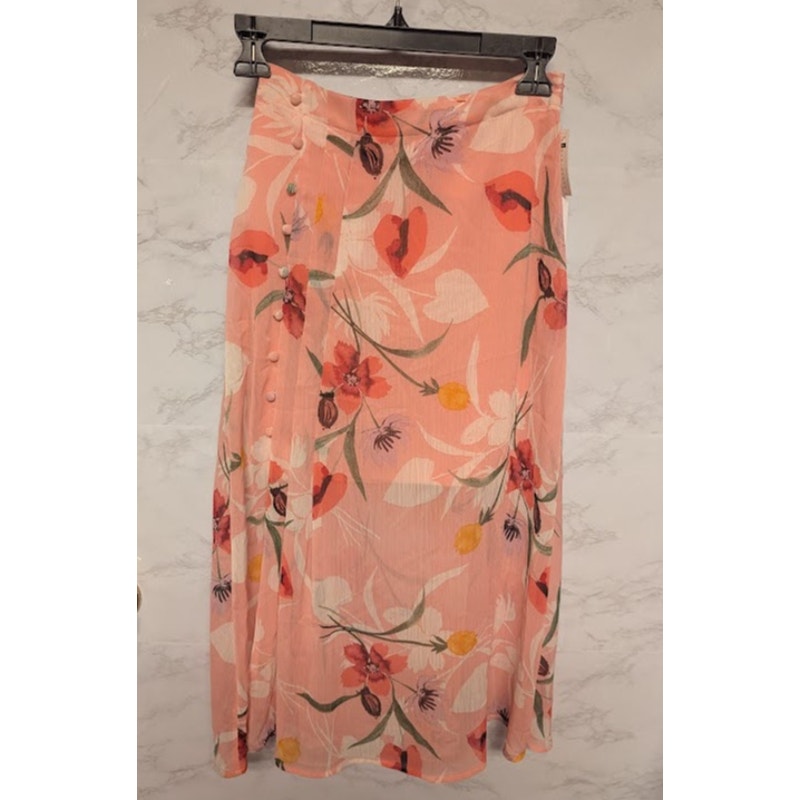 NEW Leith Size XXS midi skirt floral Pink sparkle with faux side buttons summer
