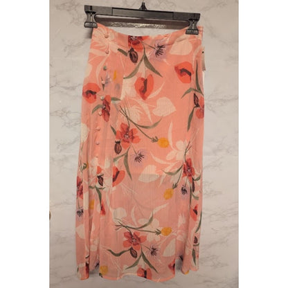 NEW Leith Size XXS midi skirt floral Pink sparkle with faux side buttons summer