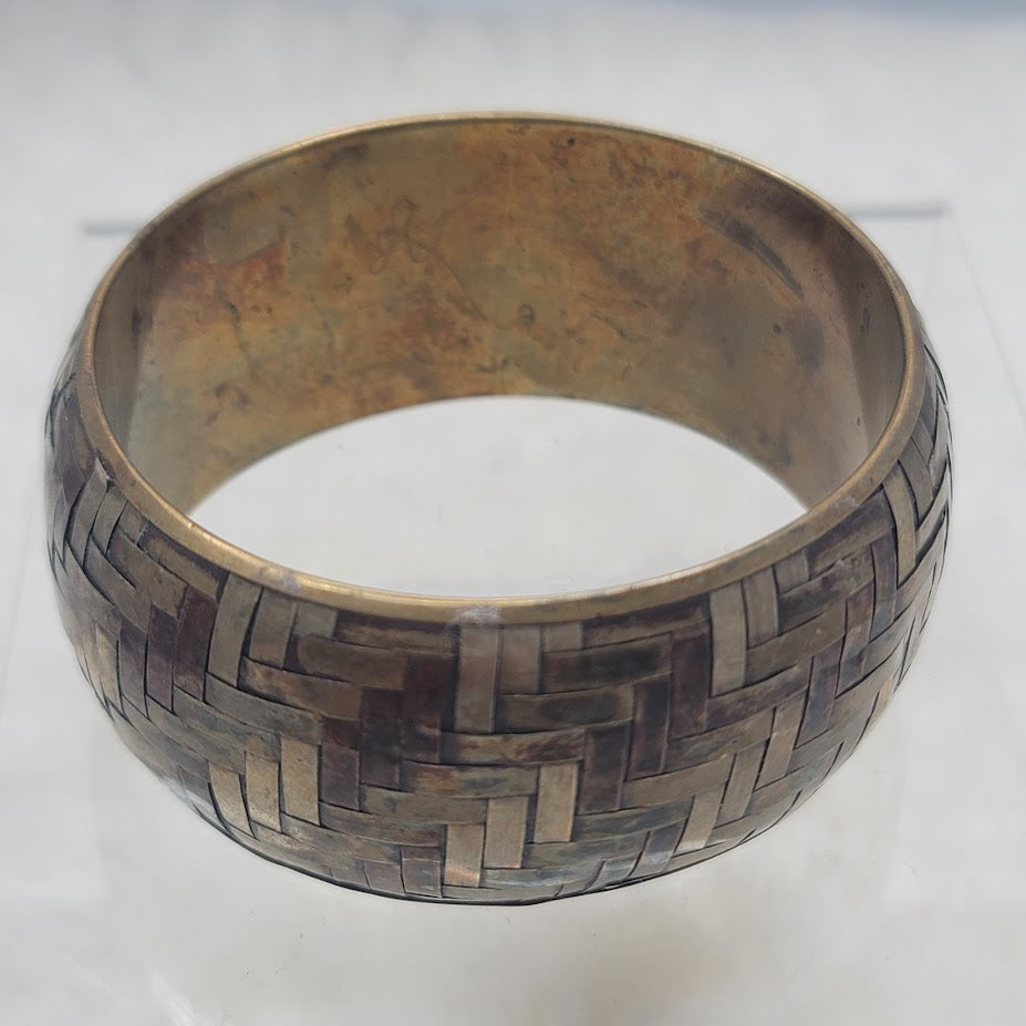 Vintage Mixed Metal Basketweave Bangle Bracelet Brass Copper Silver Tone