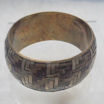 Vintage Mixed Metal Basketweave Bangle Bracelet Brass Copper Silver Tone