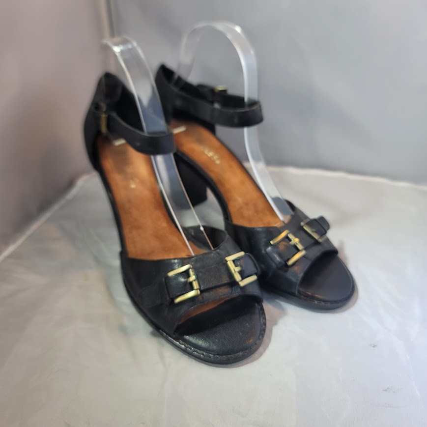 Aerosoles Jay Bird Womens 10 Med Black Leather Ankle Strap Open Toe Block Heels