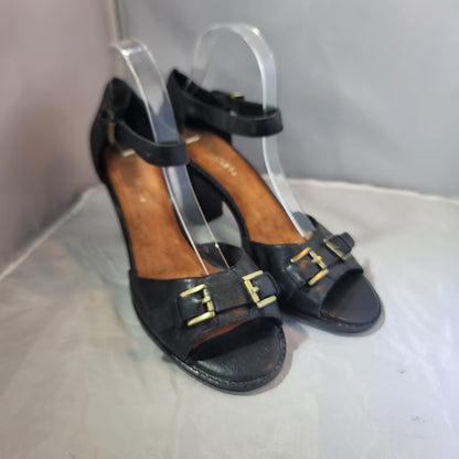 Aerosoles Jay Bird Womens 10 Med Black Leather Ankle Strap Open Toe Block Heels