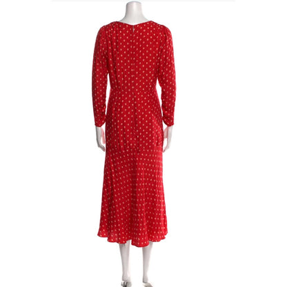 Rebecca Taylor Silk Red Midi Dress Long Sleeve VNeck Modesty Size Medium NEW