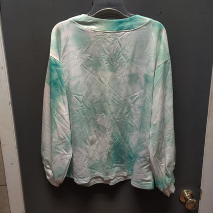 Teal White Tie Dye Henley Top Large Long Sleeve Button Neck Casual Comfy Large