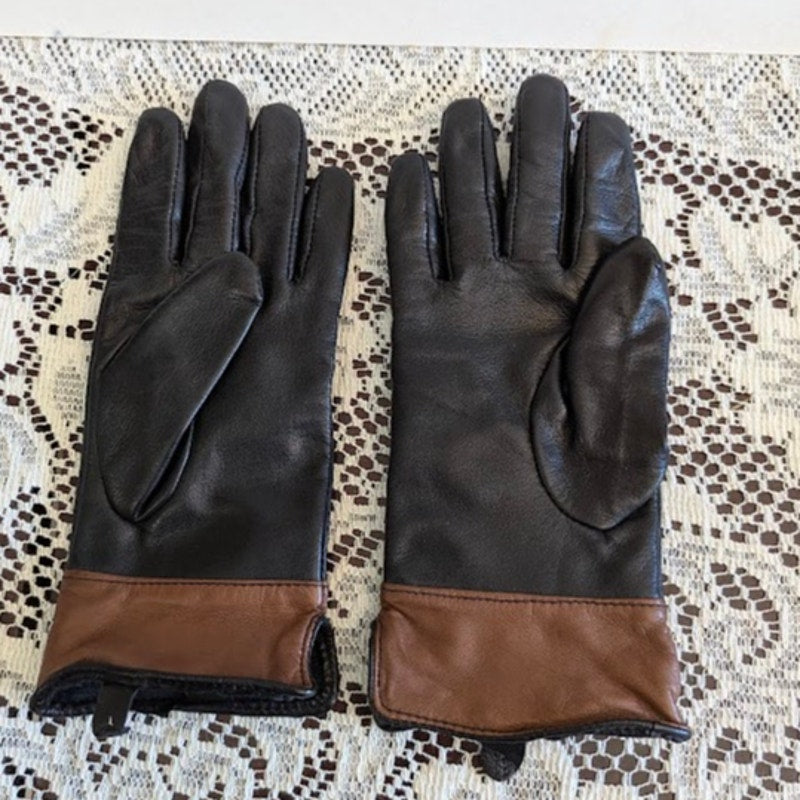 Vintage Dillard's Leather Gloves Two-Tone Espresso Brown Tan Cuff Size Medium