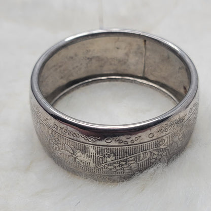 Vintage Etched Silver Tone Bangle Bracelet Floral Pattern Boho Festival