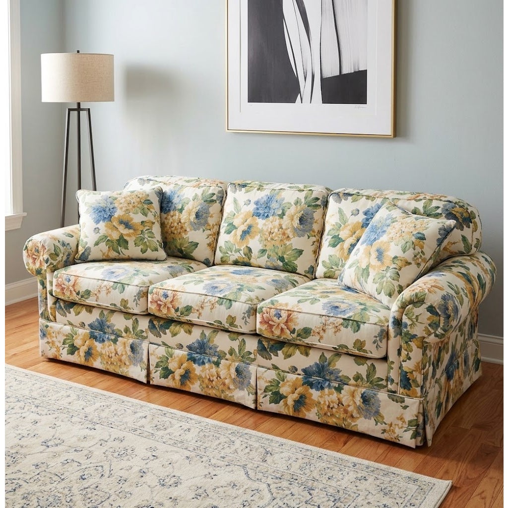 Secondhand Sandies: Traditional Rolled-Arm Skirted Floral Sofa Yellow West Palm Vibes