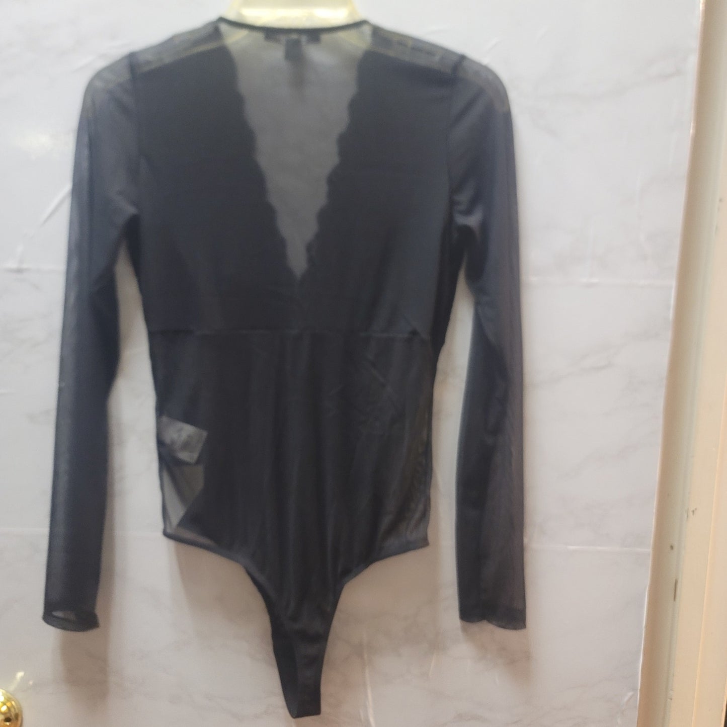 INC International Concepts Black Lace Sheer Mesh Long Sleeve Bodysuit Medium