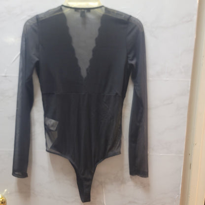 INC International Concepts Black Lace Sheer Mesh Long Sleeve Bodysuit Medium