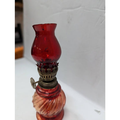 Vintage GLASS miniature oil hurricane lamp textured 1960s Flash painted Red