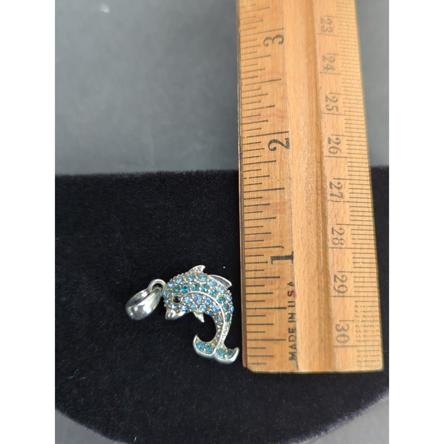 Vintage Silver Tone Blue Rhinestone Dolphin Charm One Inch Coastal Nautical